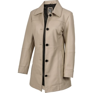 Blingsoul Mid-Length Leather Car Coat Women – Vintage Long Leather Jacket for Women, Real Lambskin Coat with Spread Collar(Beige)