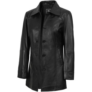 Blingsoul Mid-Length Leather Car Coat Women – Vintage Long Leather Jacket for Women, Real Lambskin Coat with Spread Collar(Black)