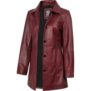 Blingsoul Mid-Length Leather Car Coat Women – Vintage Long Leather Jacket for Women, Real Lambskin Coat with Spread Collar(Burgundy Maroon Wax)