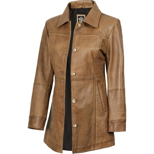 Blingsoul Mid-Length Leather Car Coat Women – Vintage Long Leather Jacket for Women, Real Lambskin Coat with Spread Collar(Camel Wax)
