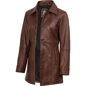 Blingsoul Mid-Length Leather Car Coat Women – Vintage Long Leather Jacket for Women, Real Lambskin Coat with Spread Collar(Cognac Wax)