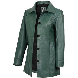 Blingsoul Mid-Length Leather Car Coat Women – Vintage Long Leather Jacket for Women, Real Lambskin Coat with Spread Collar(Green)