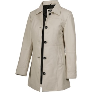 Blingsoul Mid-Length Leather Car Coat Women – Vintage Long Leather Jacket for Women, Real Lambskin Coat with Spread Collar(Off-white)