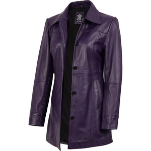 Blingsoul Mid-Length Leather Car Coat Women – Vintage Long Leather Jacket for Women, Real Lambskin Coat with Spread Collar(Purple Wax)