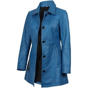 Blingsoul Mid-Length Leather Car Coat Women – Vintage Long Leather Jacket for Women, Real Lambskin Coat with Spread Collar(Vivid Blue Wax)