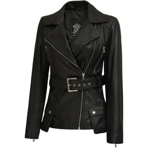 Blingsoul Real Lambskin Asymmetrical Jacket For Women – Belted Leather Jacket Womens(Black)