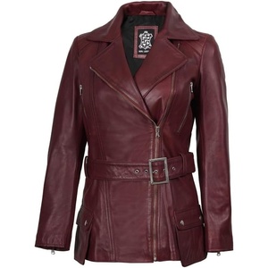 Blingsoul Real Lambskin Asymmetrical Jacket For Women – Belted Leather Jacket Womens(Burgundy Maroon Wax)