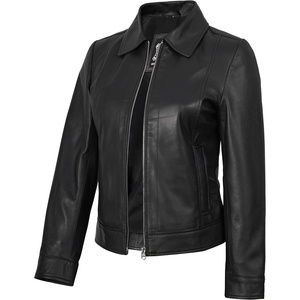 Blingsoul Real Lambskin Leather Jacket for Women, Shirt Collar Leather Jacket Womens(Black)