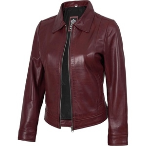 Blingsoul Real Lambskin Leather Jacket for Women, Shirt Collar Leather Jacket Womens(Burgundy Maroon Wax)