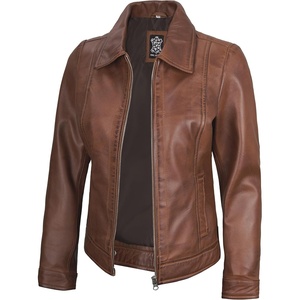 Blingsoul Real Lambskin Leather Jacket for Women, Shirt Collar Leather Jacket Womens(Cognac Wax)