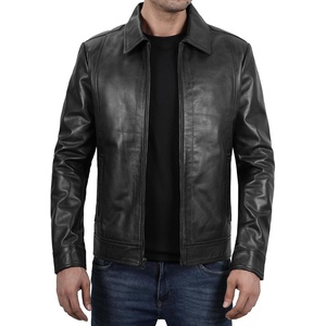 Blingsoul Vintage Leather Jacket Men – Real Lambskin Classic Leather Jacket for Mens with Shirt Style Collar(Black)