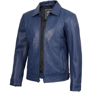 Blingsoul Vintage Leather Jacket Men – Real Lambskin Classic Leather Jacket for Mens with Shirt Style Collar(Blue)