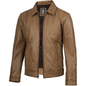 Blingsoul Vintage Leather Jacket Men – Real Lambskin Classic Leather Jacket for Mens with Shirt Style Collar(Camel Wax)