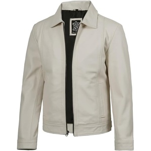 Blingsoul Vintage Leather Jacket Men – Real Lambskin Classic Leather Jacket for Mens with Shirt Style Collar(Off-white)