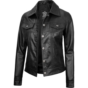 Blingsoul Vintage Leather Jacket Women – Real Lambskin Leather Trucker Jacket For Women with Shirt Collar(Black)