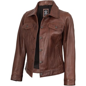 Blingsoul Vintage Leather Jacket Women – Real Lambskin Leather Trucker Jacket For Women with Shirt Collar(Cognac Wax)