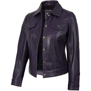 Blingsoul Vintage Leather Jacket Women – Real Lambskin Leather Trucker Jacket For Women with Shirt Collar(Purple Wax)