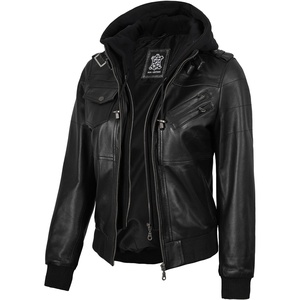 Blingsoul Womens Hooded Leather Jacket – Real Lambskin Bomber Leather Jacket Women With Detachable Hood(Black)