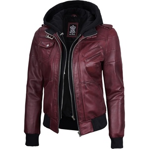Blingsoul Womens Hooded Leather Jacket – Real Lambskin Bomber Leather Jacket Women With Detachable Hood(Burgundy Maroon Wax)