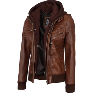 Blingsoul Womens Hooded Leather Jacket – Real Lambskin Bomber Leather Jacket Women With Detachable Hood(Cognac Wax)