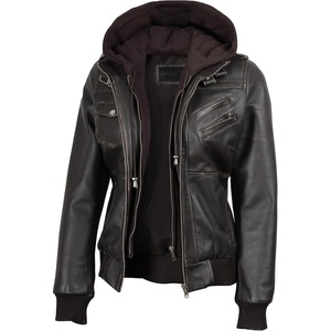 Blingsoul Womens Hooded Leather Jacket – Real Lambskin Bomber Leather Jacket Women With Detachable Hood(Dark Brown Rub Off)