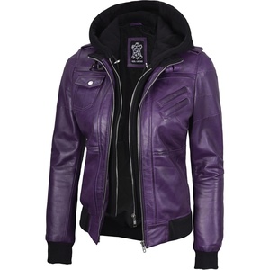 Blingsoul Womens Hooded Leather Jacket – Real Lambskin Bomber Leather Jacket Women With Detachable Hood(Purple Wax)