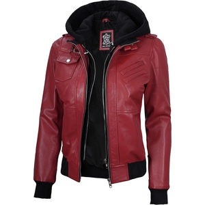 Blingsoul Womens Hooded Leather Jacket – Real Lambskin Bomber Leather Jacket Women With Detachable Hood(Red Wax)