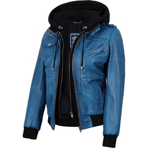 Blingsoul Womens Hooded Leather Jacket – Real Lambskin Bomber Leather Jacket Women With Detachable Hood(Vivid Blue)