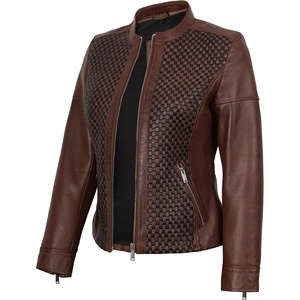 Blingsoul Women’s Leather Jacket – Real Lambskin Cafe Racer Biker Style Jacket for Women(Cognac Wax)
