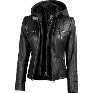 Blingsoul Womens Leather Jacket with Hood – Real Lambskin Hooded Leather Jacket Women with Detachable Hood(Black)