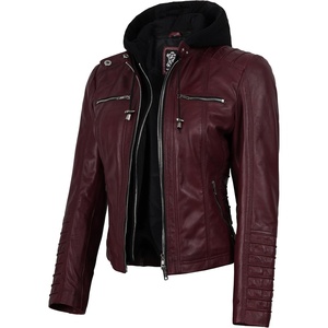 Blingsoul Womens Leather Jacket with Hood – Real Lambskin Hooded Leather Jacket Women with Detachable Hood(Burgundy Maroon Wax)