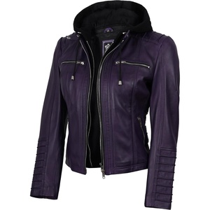 Blingsoul Womens Leather Jacket with Hood – Real Lambskin Hooded Leather Jacket Women with Detachable Hood(Purple Wax)